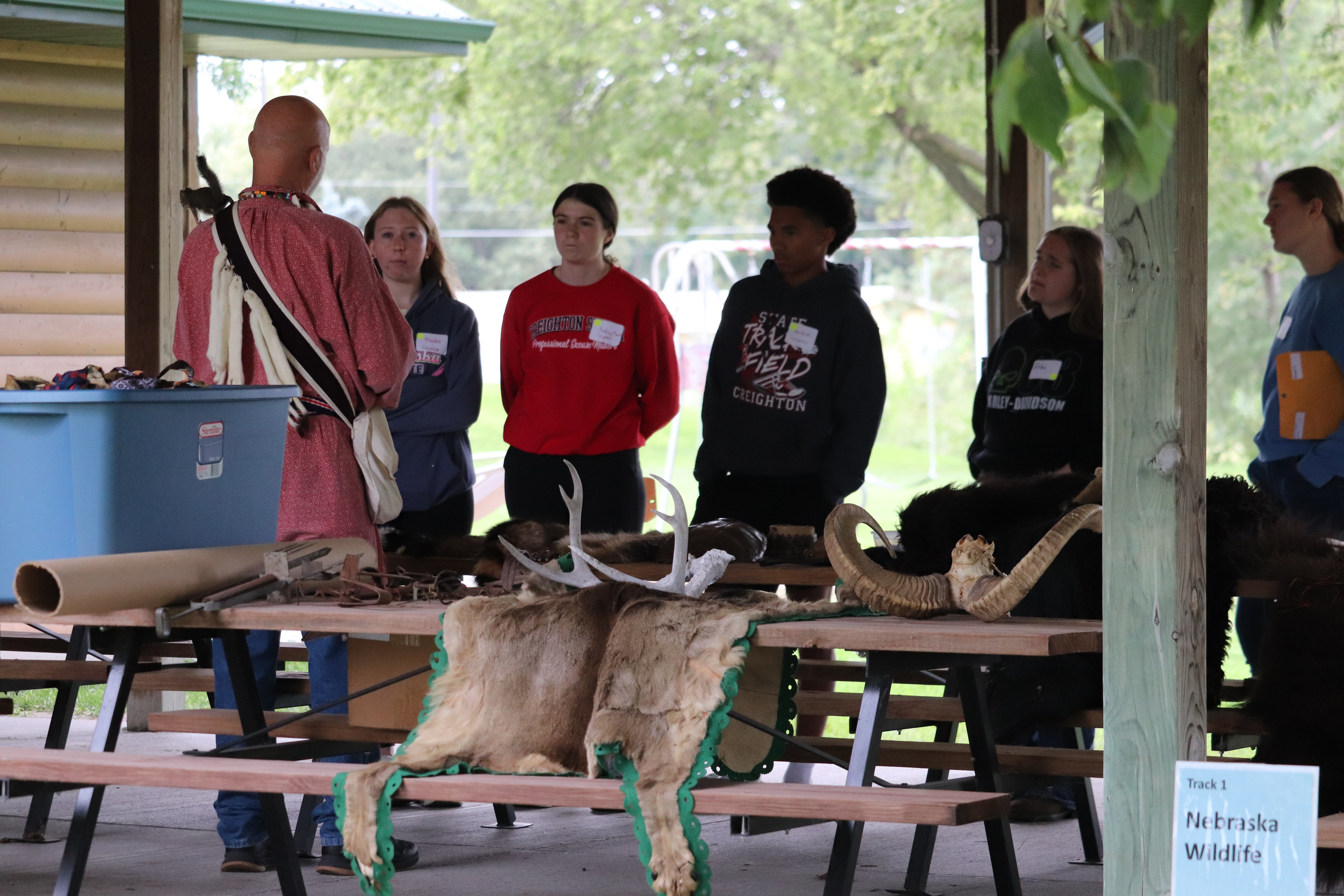 Randy Dunn of Pender teaches students about wildlife as he takes them on a journey through Nebraska History.
